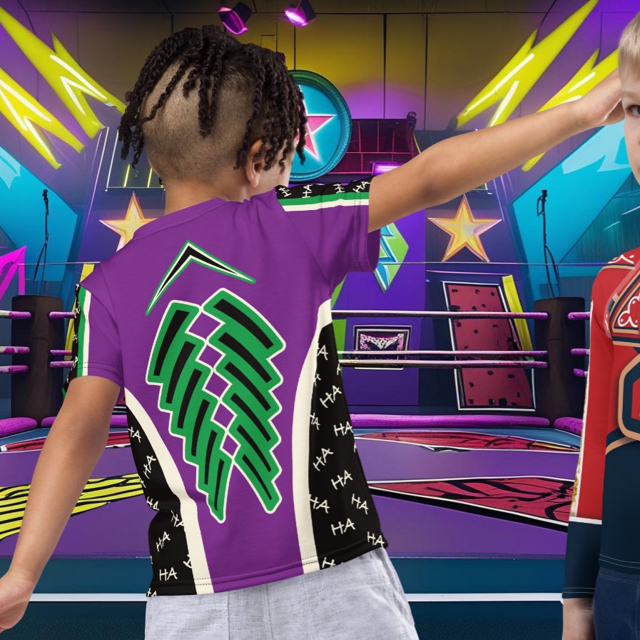 Kid's cosplay t-shirt in pro wrestling style with spooky joker design