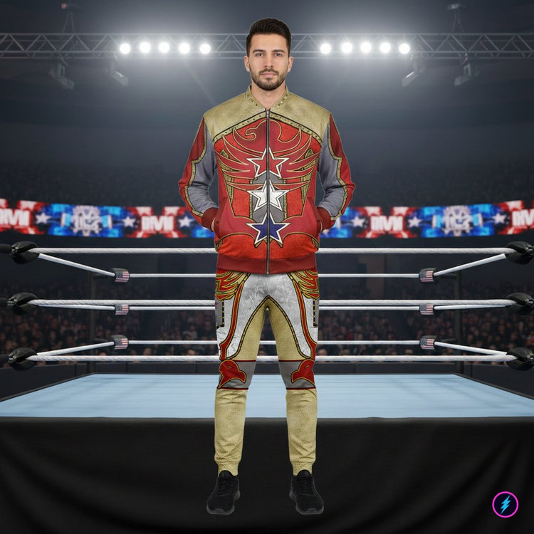 Man wearing an american eagle and stars red and gold bomber jacket with matching joggers in a pro-wrestling cosplay style