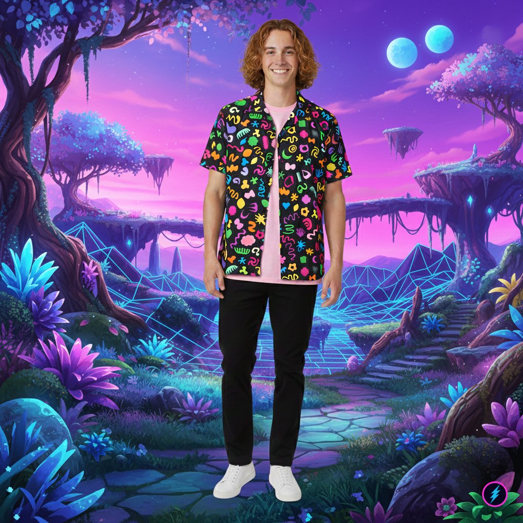 Man wearing a button shirt in the design of Memphis Kidcore standing in a Synthwave fantasy land