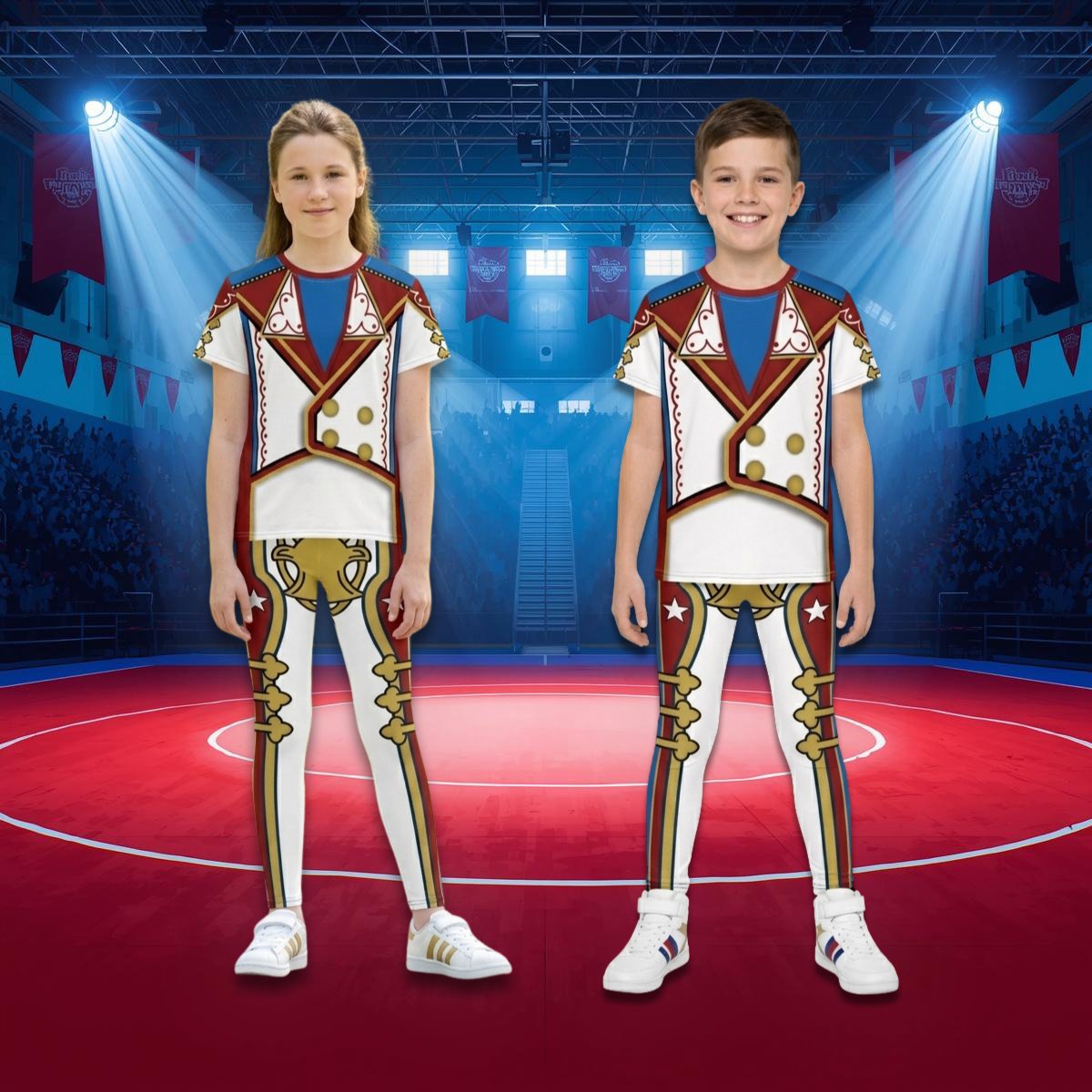 Teen children wearing wrestling cosplay outfit bundles in patriotic retro military style