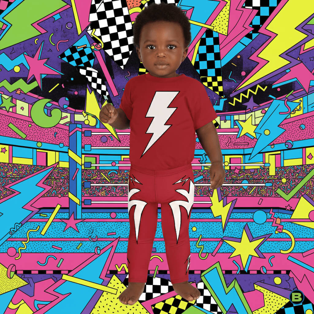 Kids wrestling inspired outfit in red with white lightning strikes