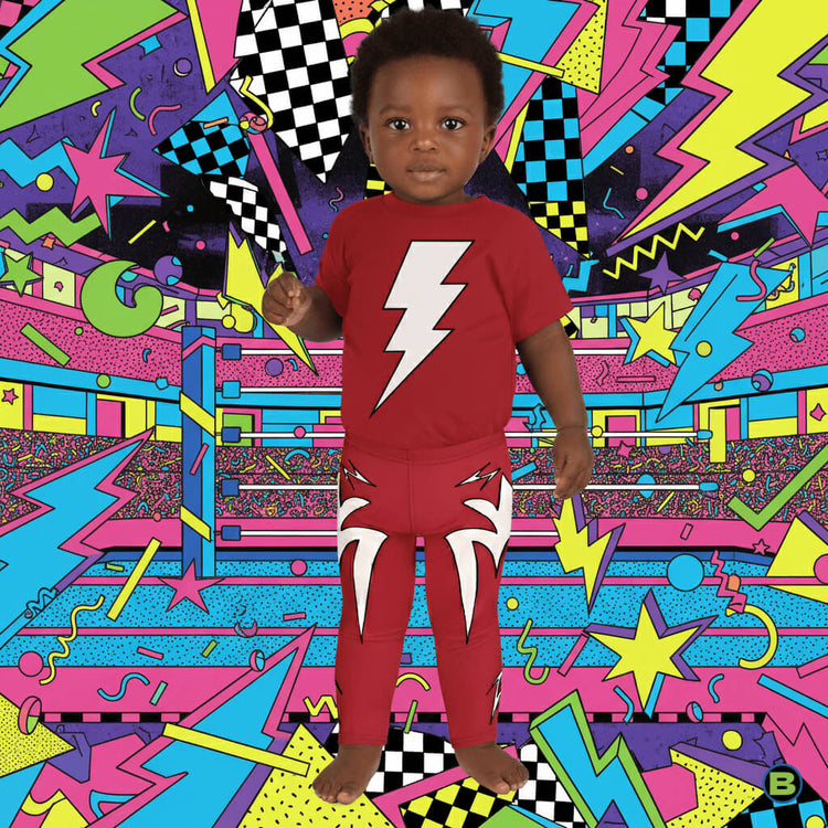 Kids wrestling inspired outfit in red with white lightning strikes