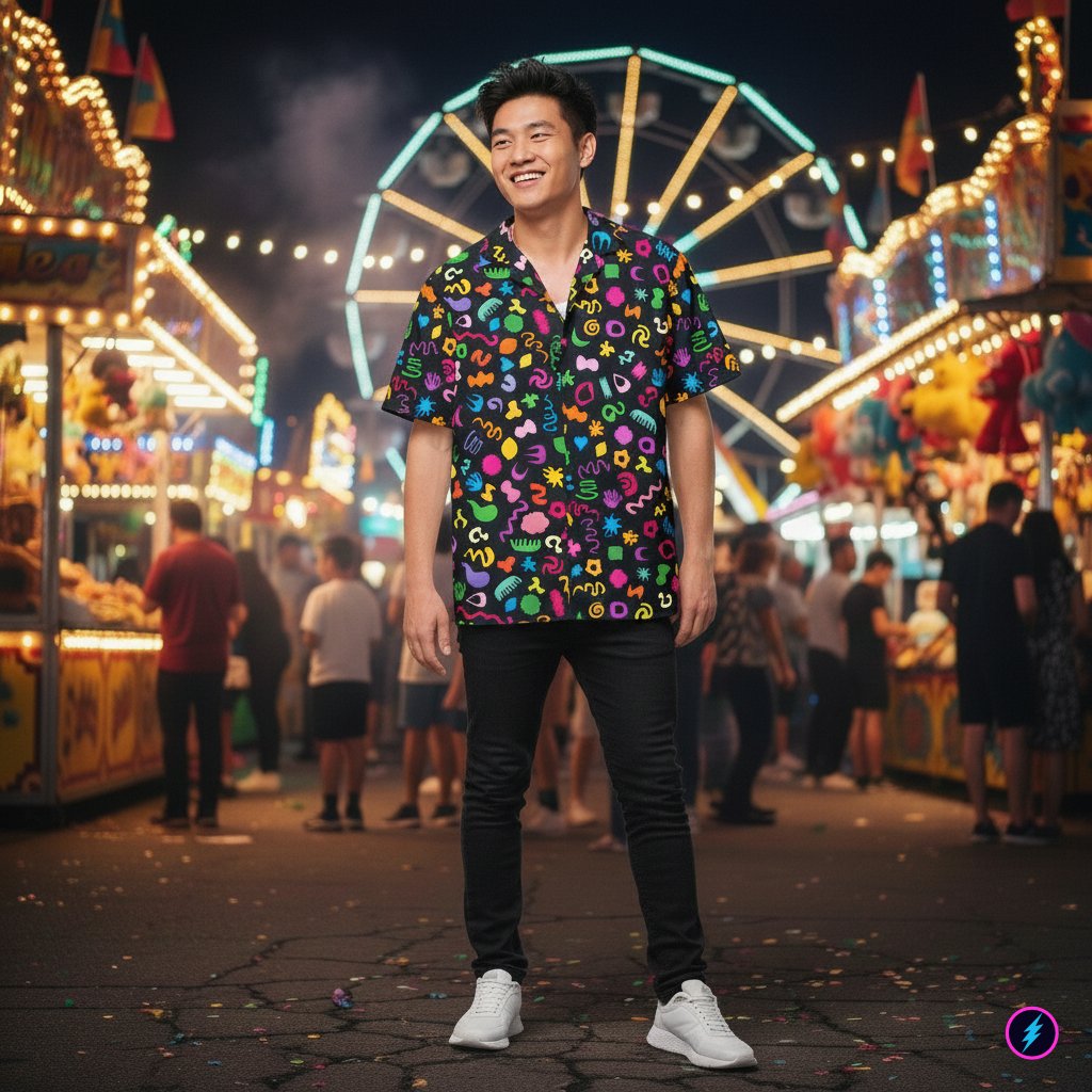 man wearing black and rainbow colored kidcore button shirt at a carnival