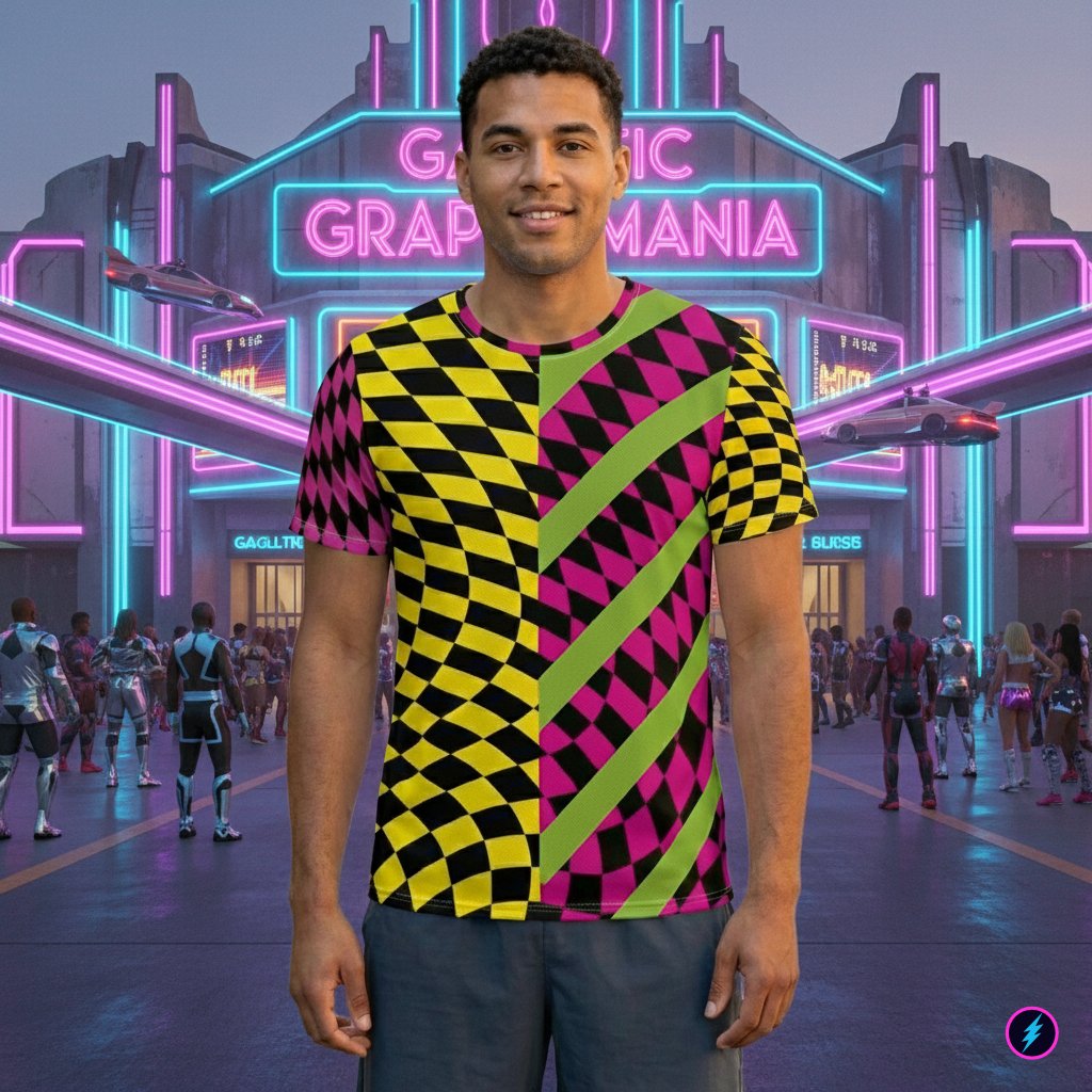 Man outside a retro futuristic wrestling event wearing an 80s night cosplay t-shirt