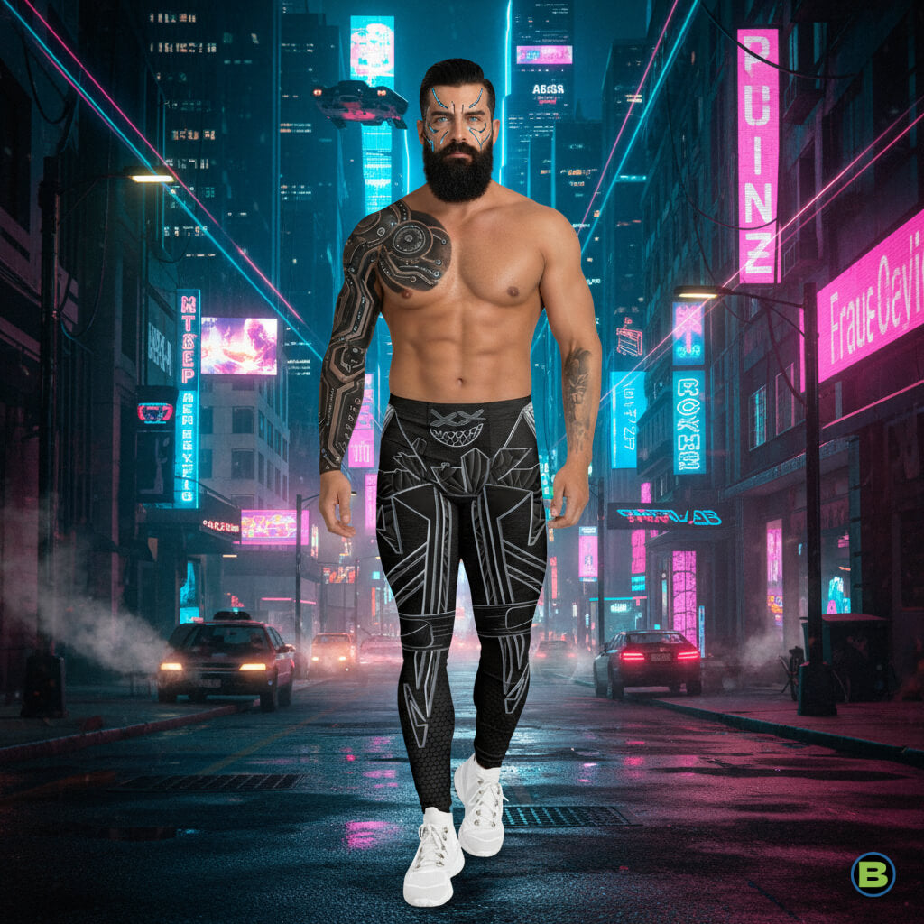 Men's cosplay inspired activewear. Man wearing black cyberpunk leggings.