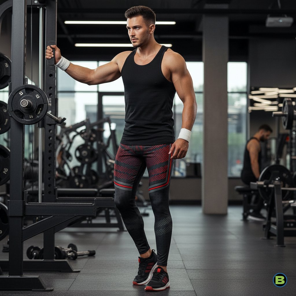 Man training in a gym wearing red and black compression leggings and a black vest.