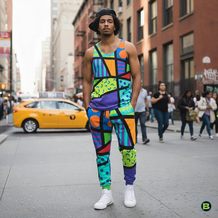 Man in bright geometric wrestling inspired joggers and tank top walking through a city street.