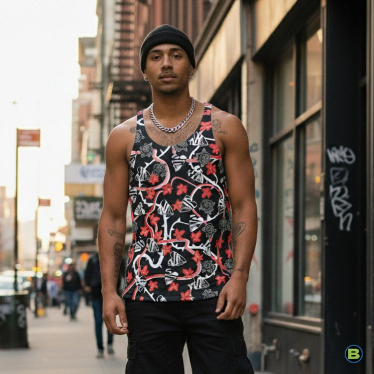Man wearing a black graffiti style tank top with black hearts and roses in an urban streetwear set