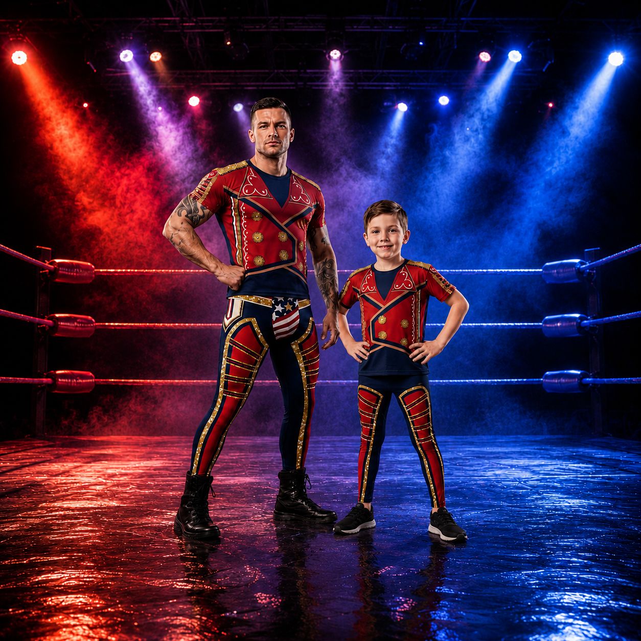 Father and son stand in a wrestling arena wearing matching wrestling cosplay outfits in red and navy in a retro American hero style