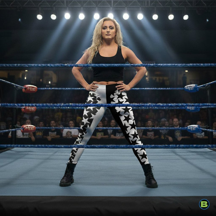 Pro wrestling cosplay tights for women in black and white stars in a retro activewear look