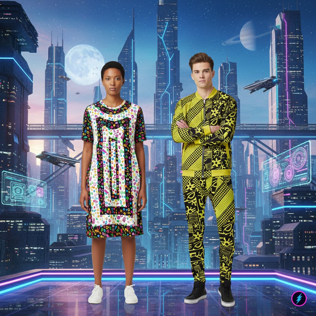 Gender-neutral person wearing black and white kidcore t-shirt dress standing with a man wearing retro yellow and black 80s style memphis bomber jacket and matching wrestling cosplay leggings, in a futuristic setting