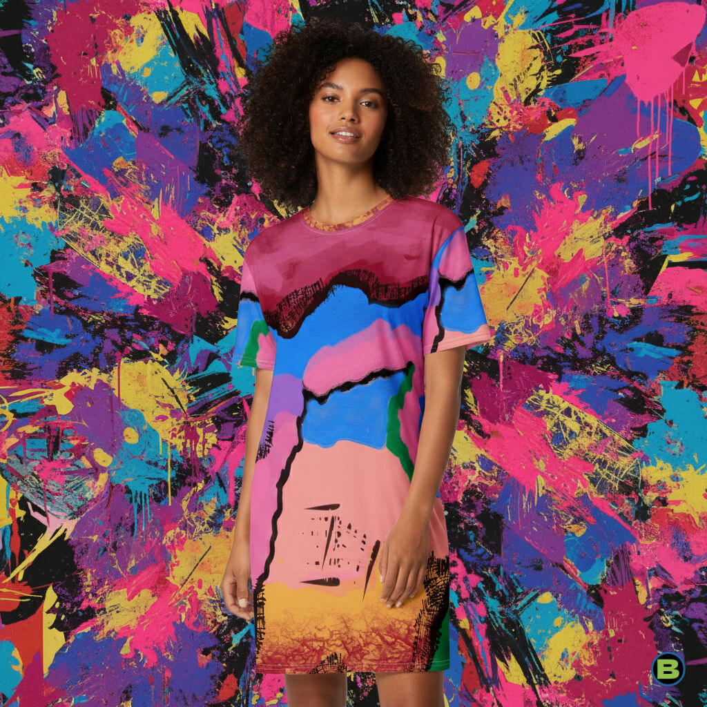 Artistic, abstract design, gender-neutral t-shirt dress
