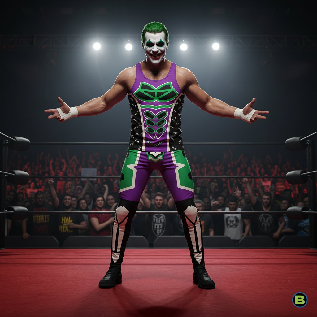 Male wrestler in purple and green cosplay style leggings posing in a wrestling ring.