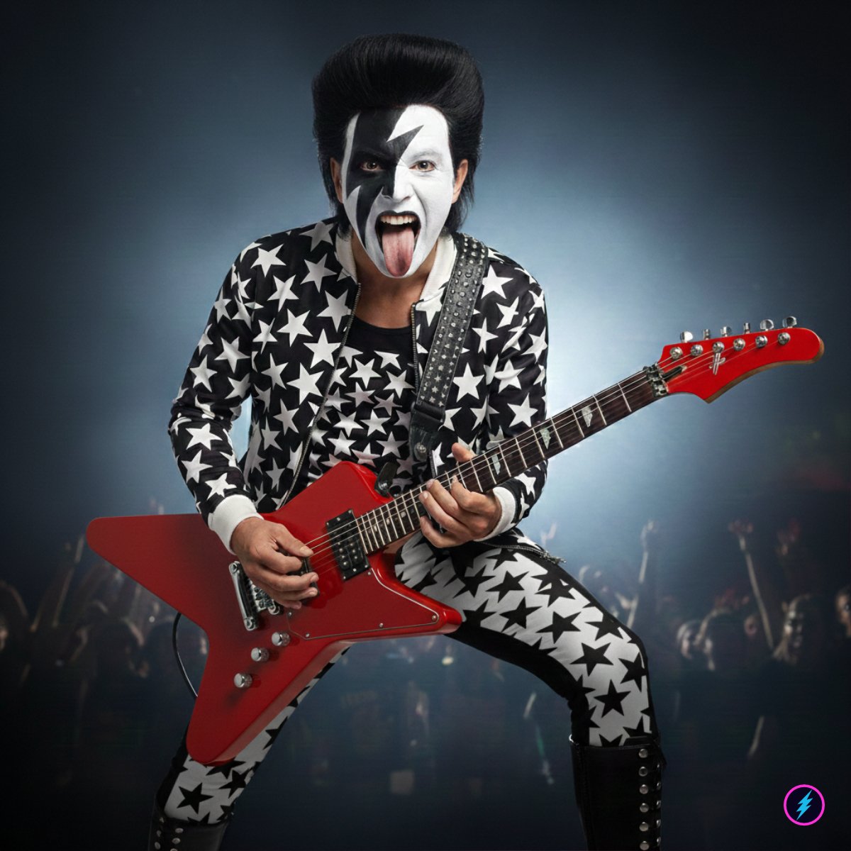 80s rocker in black and white outfit with alternating stars, playing a red electric guitar