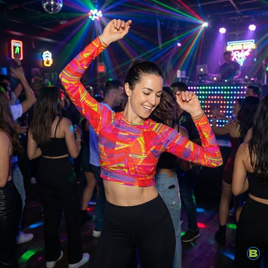 Woman dancing in a nightclub with a bold vibrant crop top