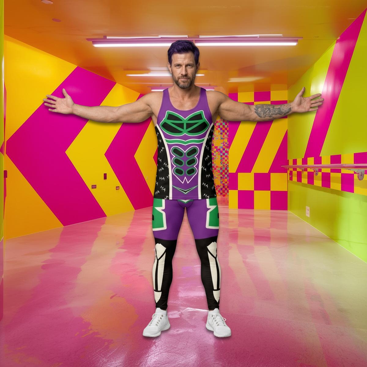 Man wearing a wrestling bundle consisting of pro wrestling tights and matching tank top in green and purple geometric shapes with bones