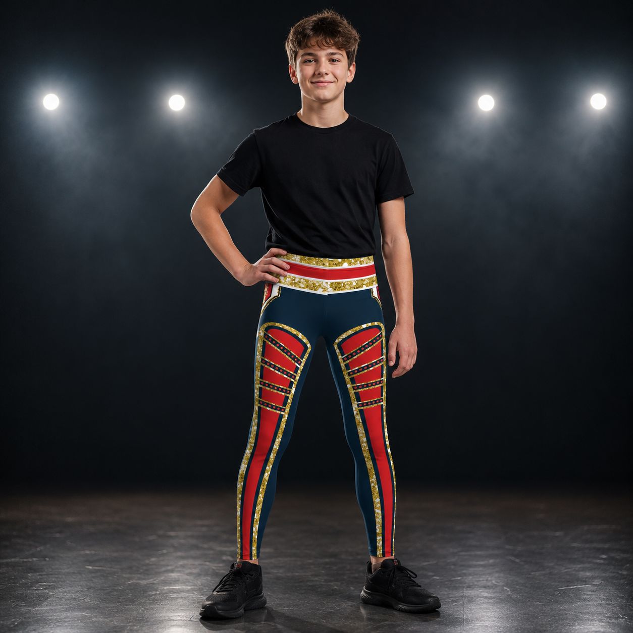 Teenager wearing navy and red in retro military American hero style