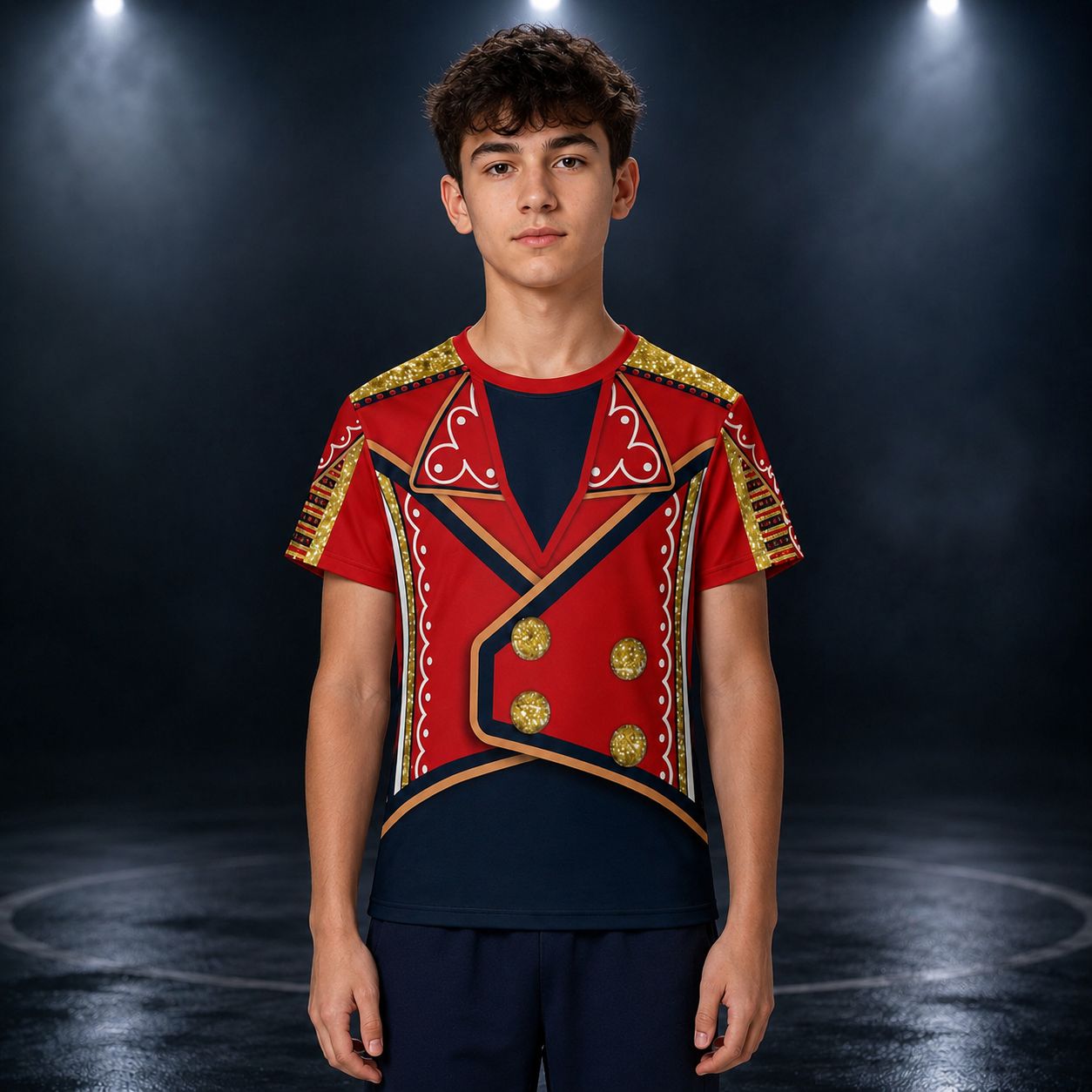 Teenage boy wearing retro military cosplay wrestling t-shirt in red and navy with gold detail
