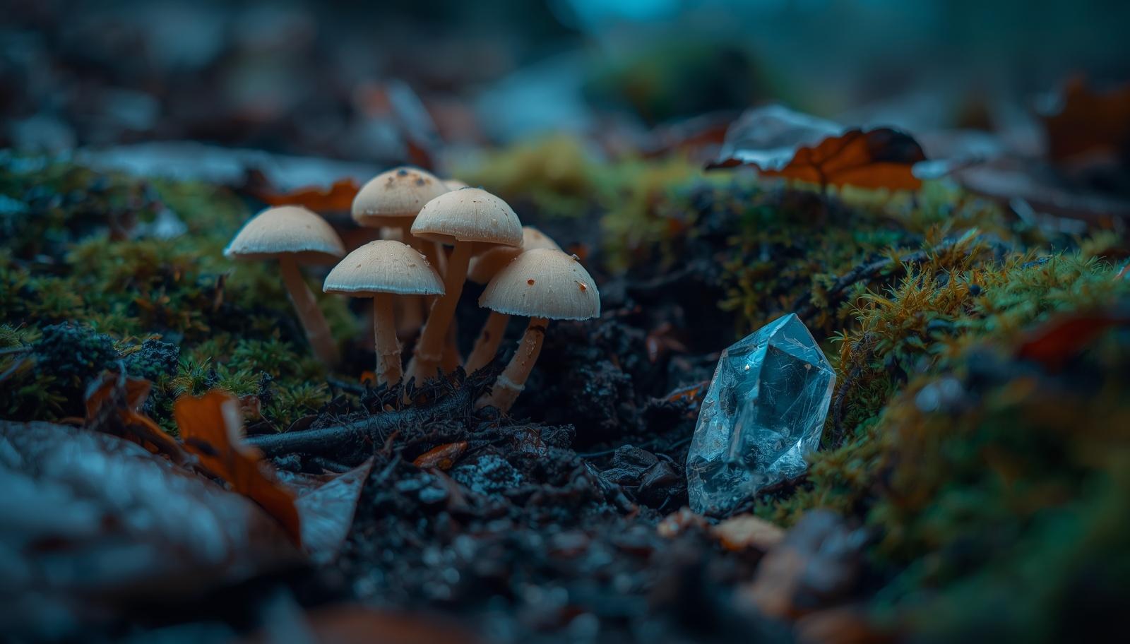 Goblincore-Stil Waldboden mit Pilzen und Glitzersteinen