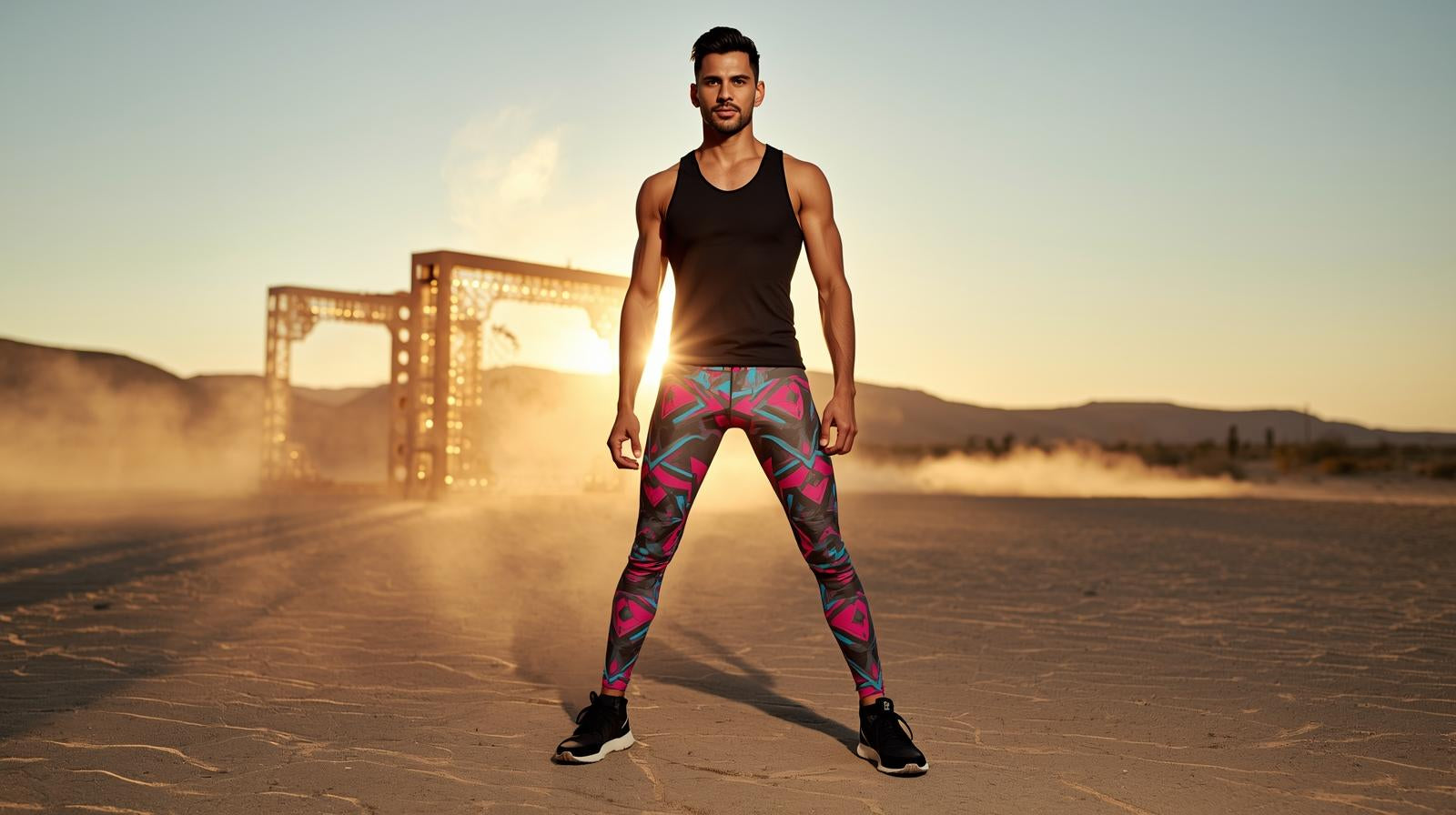 
                Un hombre con leggings de neón se mantiene confiado en el festival Burning Man en el desierto.
              