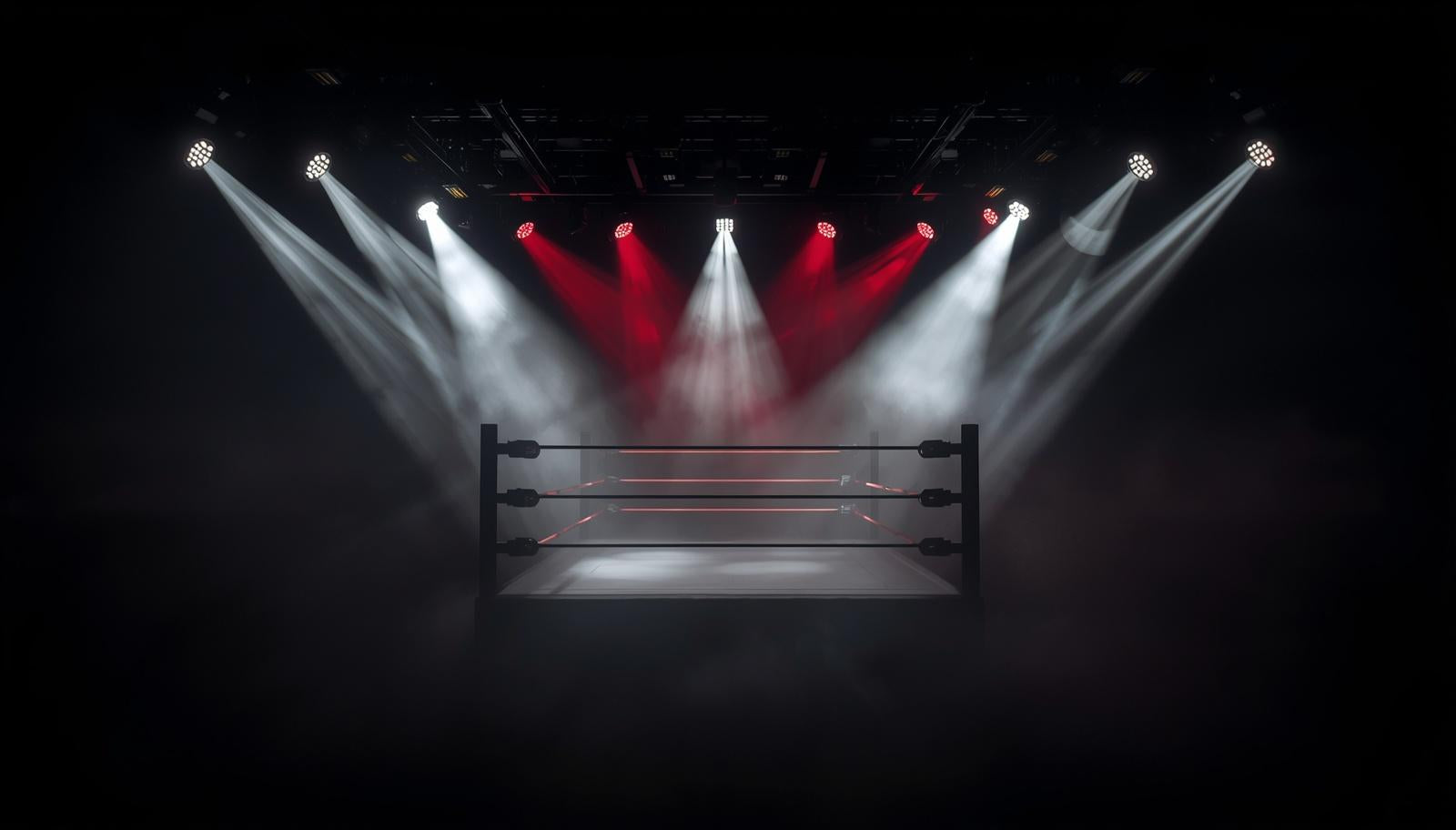 
                Wrestlingring, beleuchtet mit roten und weißen Scheinwerfern
              