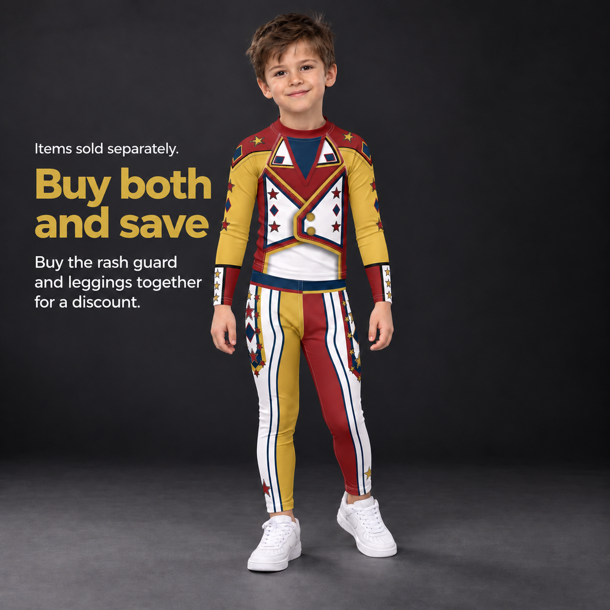 Drum Major kids rash guard and leggings worn together as the complete kids wrestling costume set - BillingtonPix