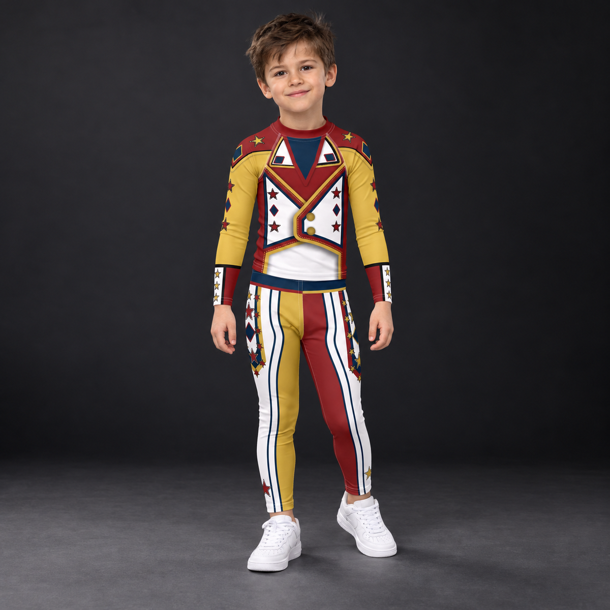 Child wearing the full Drum Major kids wrestling costume - matching crimson and gold rash guard and leggings