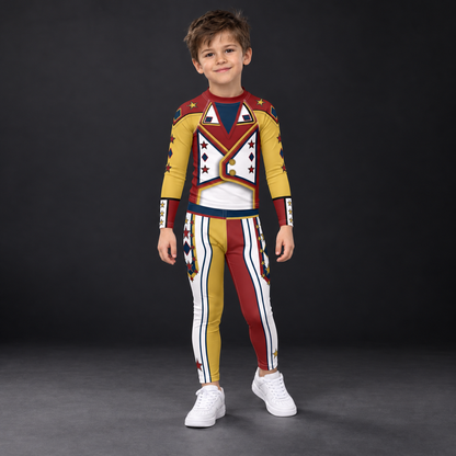 Child wearing the full Drum Major kids wrestling costume - matching crimson and gold rash guard and leggings
