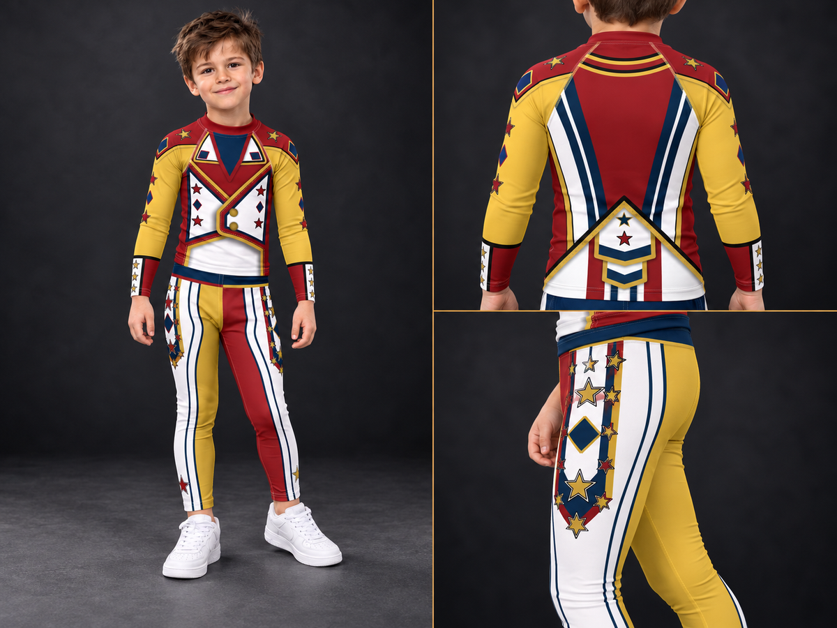 Child in the matching Drum Major kids rash guard and leggings, with close-ups of the starred back and hip panel