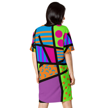 Harajuku streetwear for men and women. Fun geometric printed shirt dress in vibrant colors