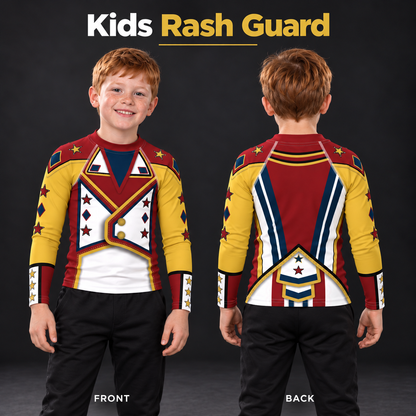 Kids Drum Major rash guard on a child, front and back - crimson and gold parade-jacket print with navy stripes