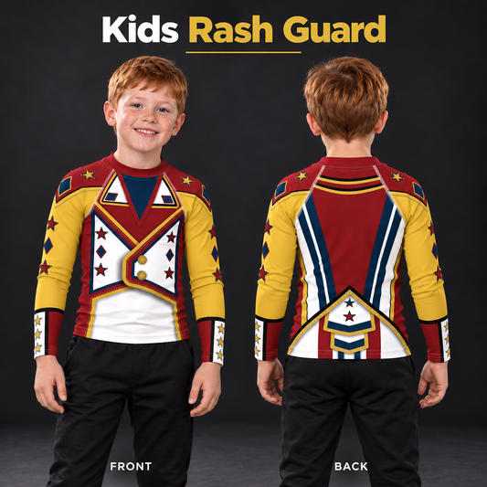 Kids Drum Major rash guard on a child, front and back - crimson and gold parade-jacket print with navy stripes