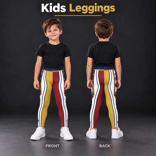 Kids Drum Major leggings on a child, front and back - gold and crimson split legs on white with navy pinstripes