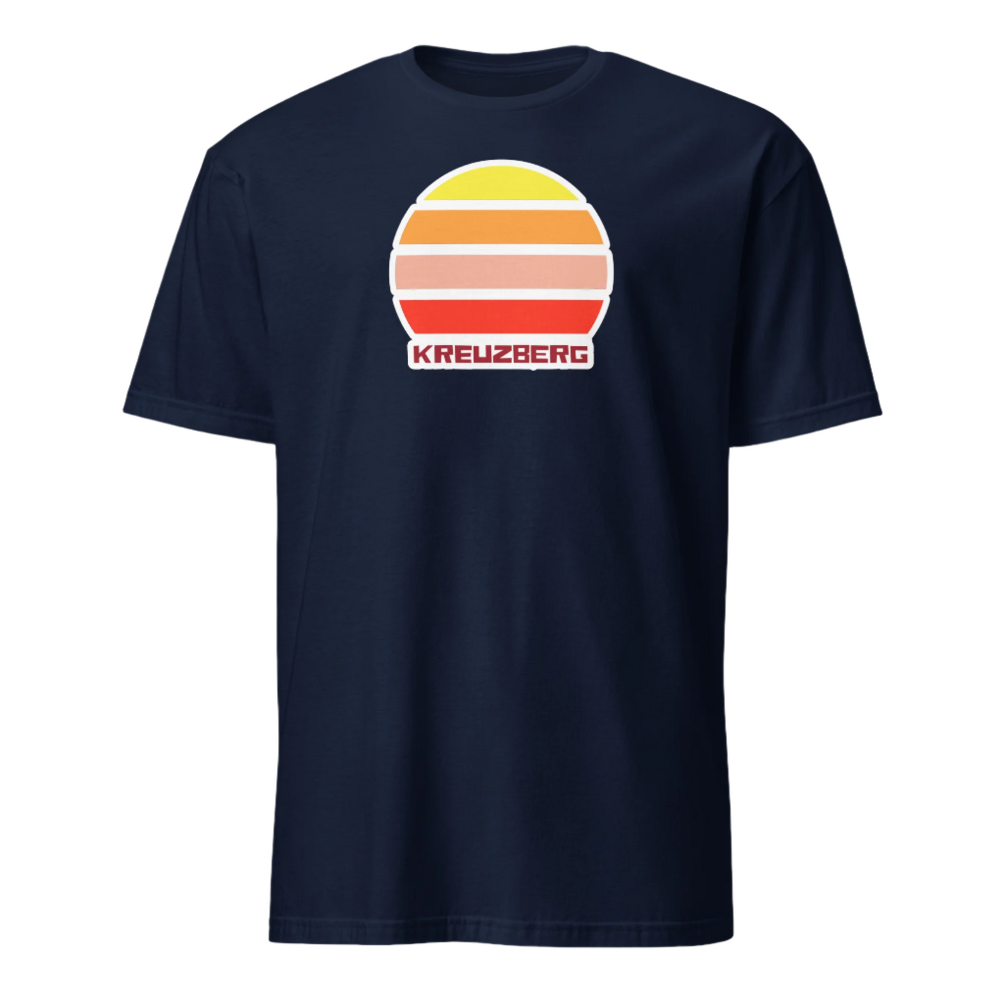 Kreuzberg Berlin LGBT themed t-shirt with a vintage sunset graphic in yellow, orange, pink and scarlet and the place name Kreuzberg  beneath on this navy cotton t-shirt by BillingtonPix