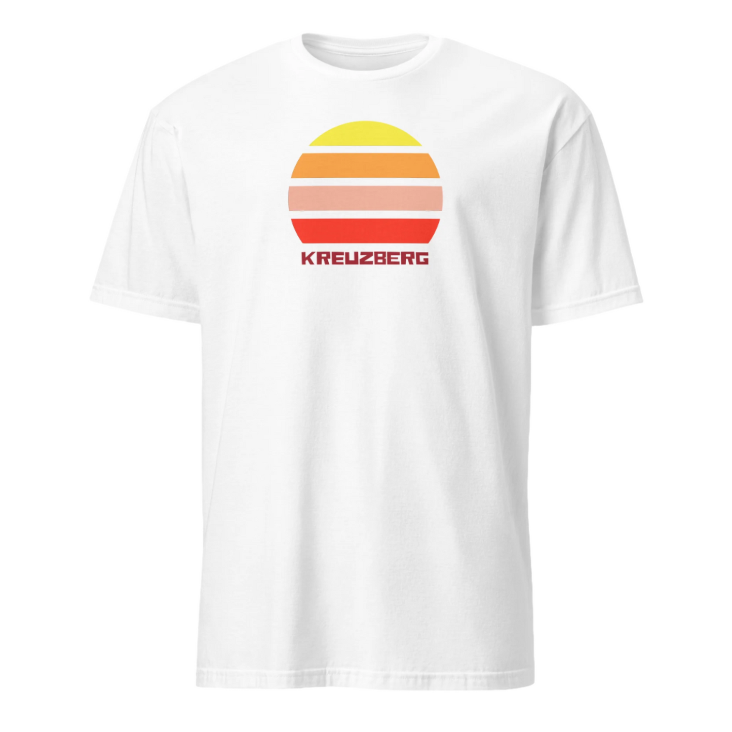 Kreuzberg Berlin LGBT themed t-shirt with a vintage sunset graphic in yellow, orange, pink and scarlet and the place name Kreuzberg  beneath on this white cotton t-shirt by BillingtonPix