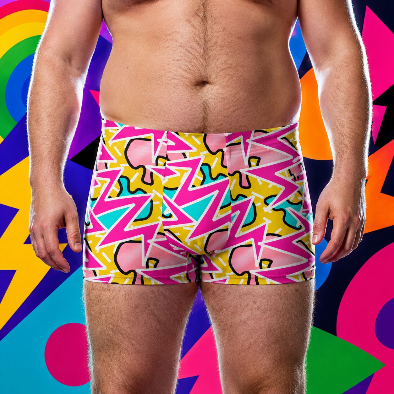 Person wearing colorful pink and yellow geometric-patterned retro 80s Memphis style  boxer briefs against a multicolored abstract background