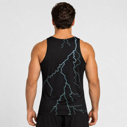 Person wearing a black tank top with blue lightning bolt design on a plain background