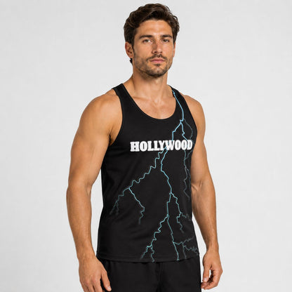 Man wearing a black tank top with 'HOLLYWOOD' text on a gray background