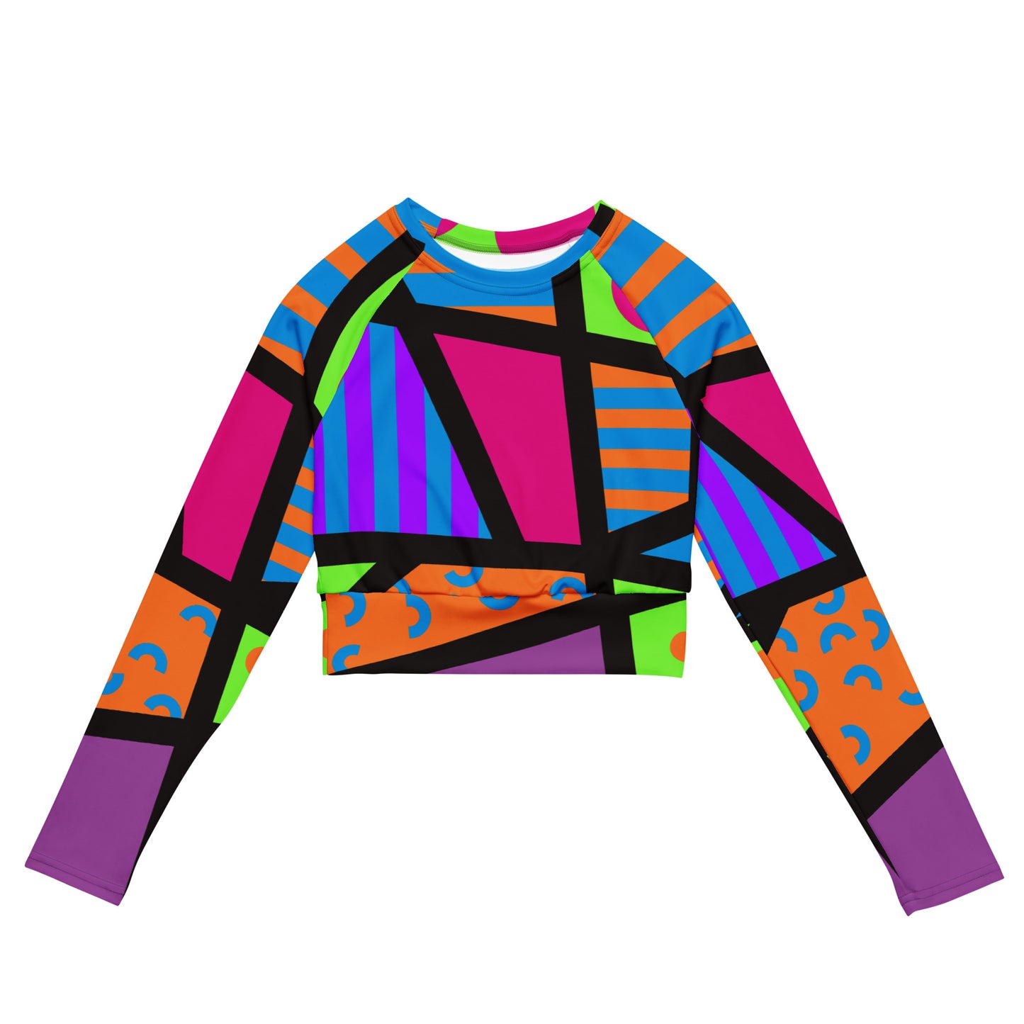 colorful crop top for women in bold printed geometric design. Retro 80s Memphis style activewear fashion by BillingtonPix