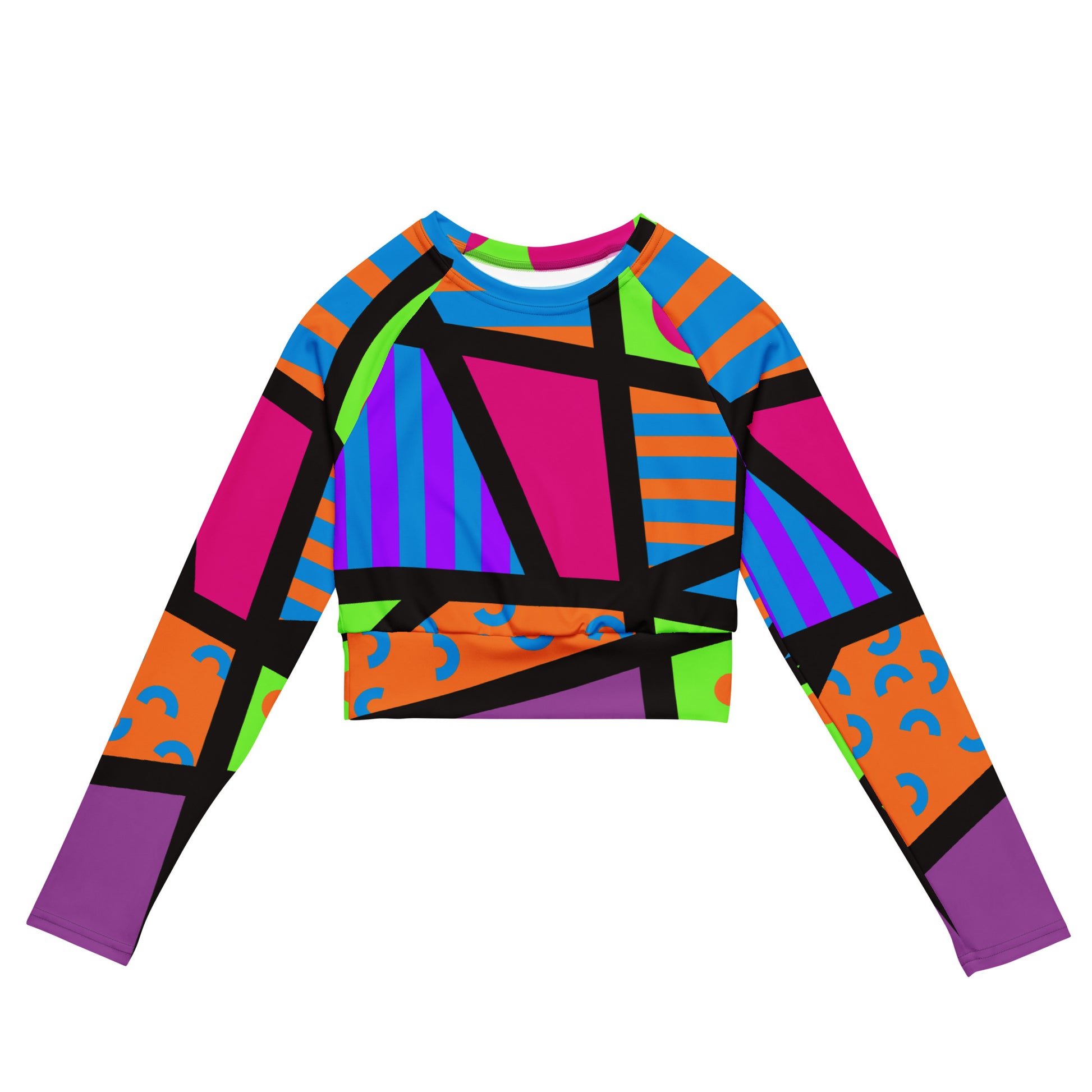 colorful crop top for women in bold printed geometric design. Retro 80s Memphis style activewear fashion by BillingtonPix