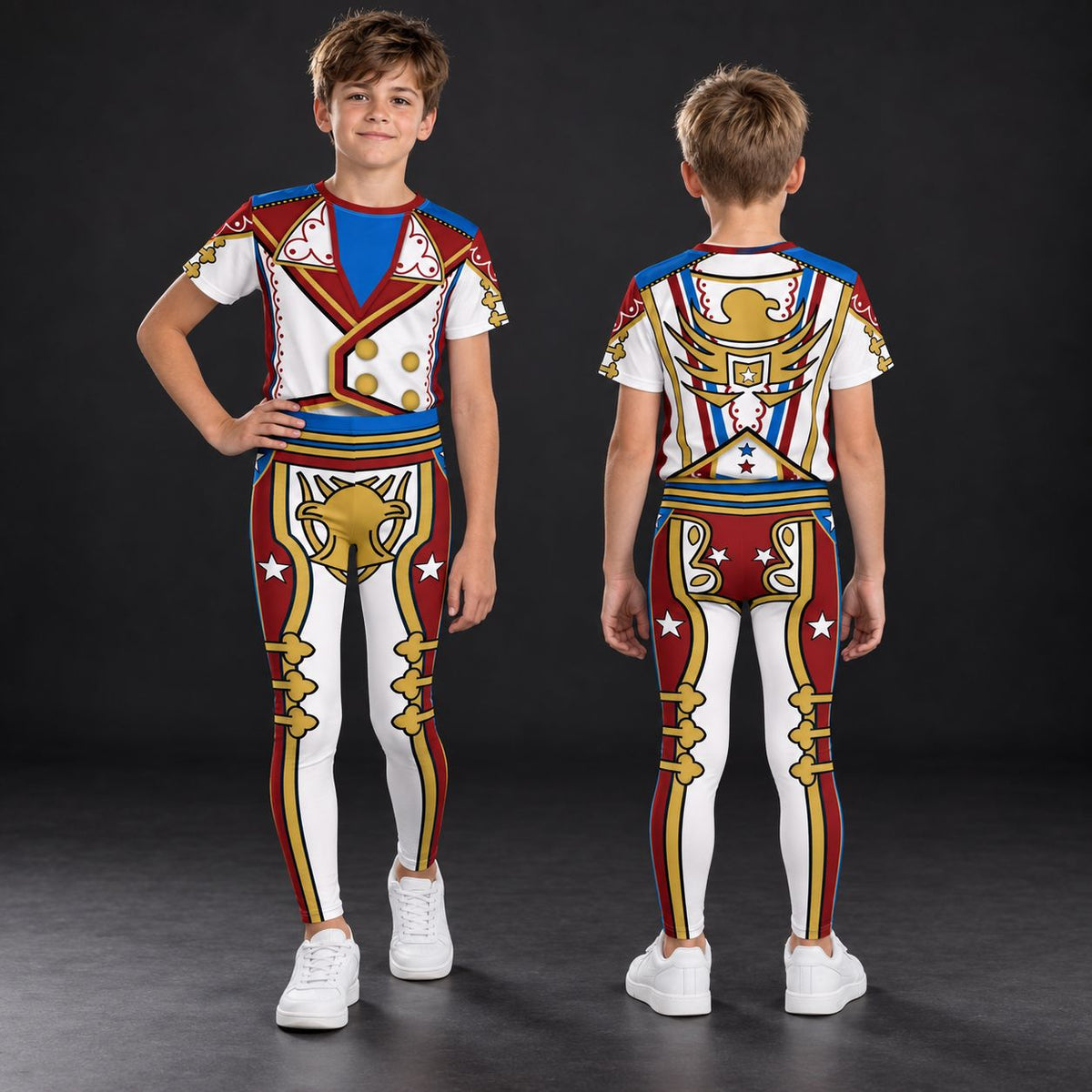 A child model shown from the front and back wearing a short-sleeve t-shirt and matching full-length leggings with a bold, colorful military-style print in red, white, blue, and gold on a dark studio background.