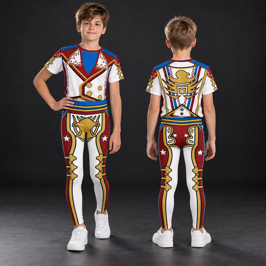 A child model shown from the front and back wearing a short-sleeve t-shirt and matching full-length leggings with a bold, colorful military-style print in red, white, blue, and gold on a dark studio background.