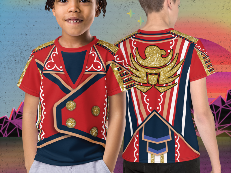Camiseta infantil de estilo militar retro roja y dorada para cosplay de lucha libre.