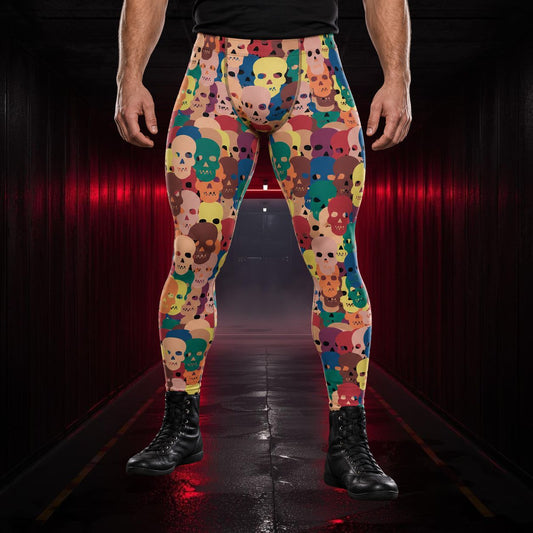 Person wearing multicolored skull print cosplay wrestling tights in a dark red corridor.