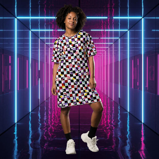 Woman wearing t-shirt dress in a harajuku theme. Black and white checked design with menhera kei motifs