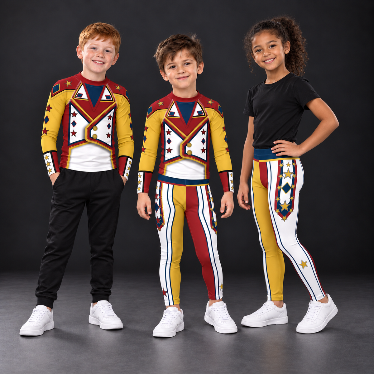 Three children in Drum Major kids wrestling costume pieces - crimson and gold rash guards with red, gold and white leggings - BillingtonPix