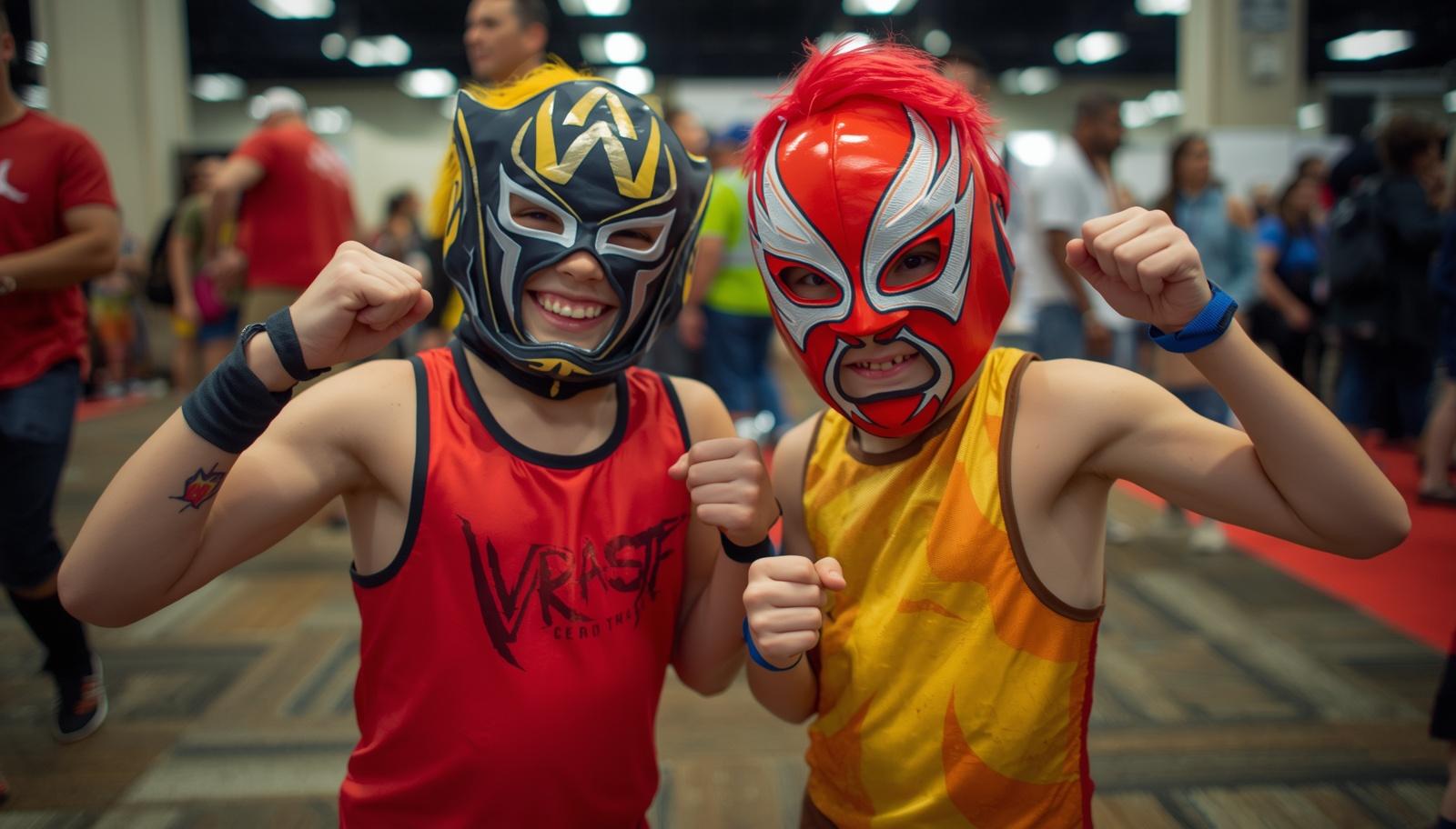 
                Children wearing wrestling costumes
              