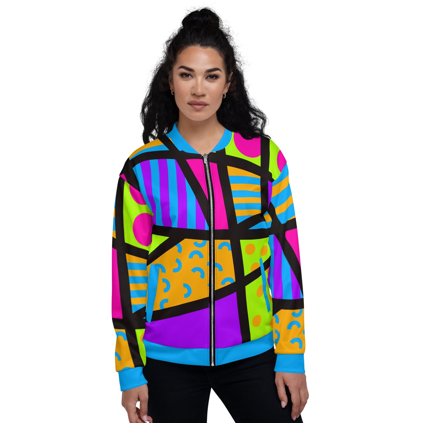 Unisex bomber jacket with Memphis Harajuku geometric print in popsicle palette.