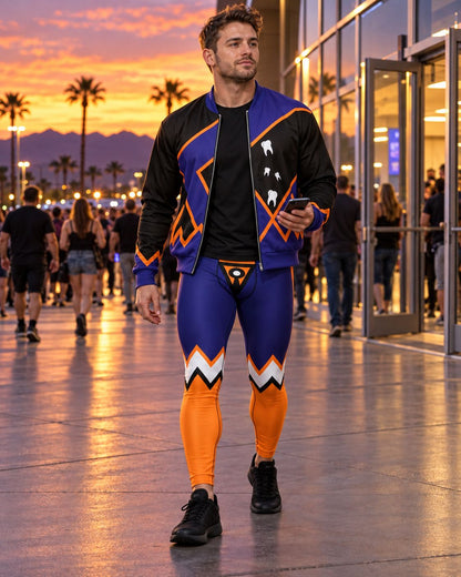 Man outside arena at sunset wearing violet and orange bomber jacket and matching wrestling cosplay tights with tooth design.