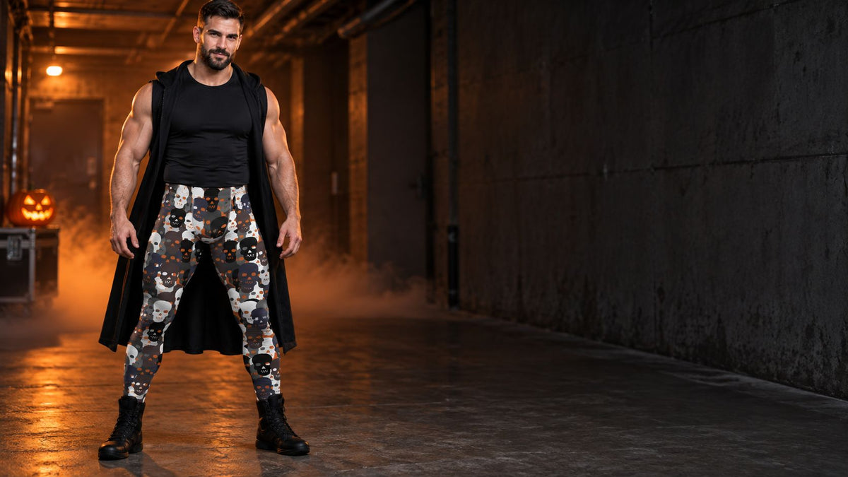 Man in orange Halloween skull print men's leggings and a black hooded coat in a foggy backstage corridor